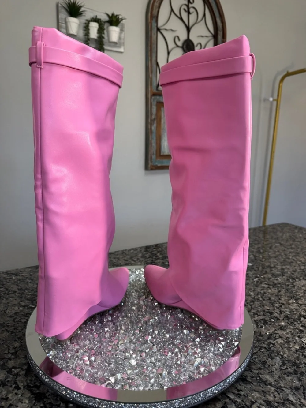 Pink Women's Knee-High skirted wedge Fashion Boots